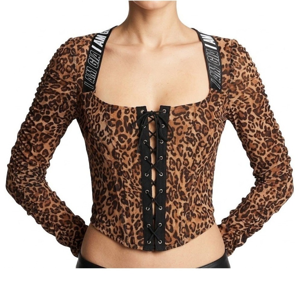 I.AM.GIA Leopard Corset Top Womens Small Ruched Long Sleeve Lace Up Hook Eye